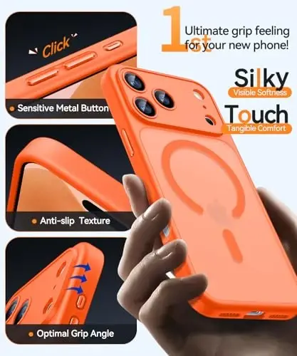 CANSHN Magnetic Compatible with iPhone 17 Pro Case, Upgraded [Full Camera Protection] [Compatible with Magsafe] [Translucent Matte] Shockproof Protective Phone Cover 6.3 Inch - Orange - 6