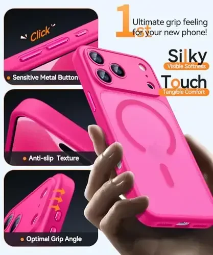 CANSHN Magnetic Compatible with iPhone 17 Pro Max Case, Upgraded [Full Camera Protection] [Compatible with Magsafe] [Translucent Matte] Shockproof Protective Phone Cover 6.9 Inch - Hot Pink - 6