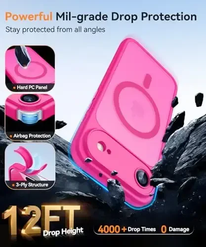 CANSHN Magnetic Compatible with iPhone Air Case(6.5 Inch), Upgraded [Full Camera Protection] [Compatible with Magsafe] [Translucent Matte] Shockproof Phone Cover for iPhone 17 Air Case,Hot Pink - 6