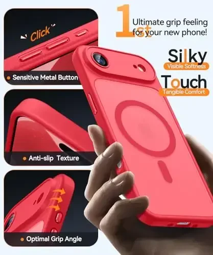 CANSHN Magnetic Compatible with iPhone Air Case(6.5 Inch), Upgraded [Full Camera Protection] [Compatible with Magsafe] [Translucent Matte] Shockproof Phone Cover for iPhone 17 Air Case,Red - 7