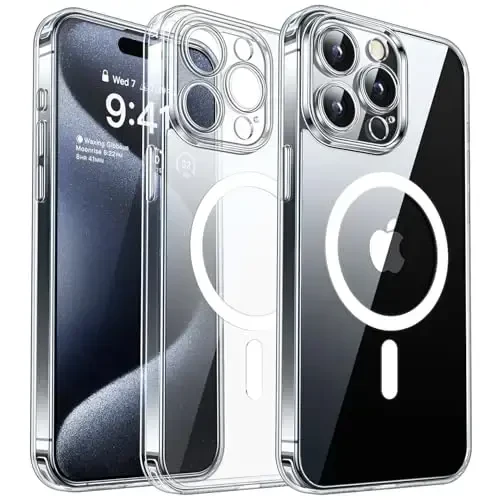 CANSHN Magnetic for iPhone 15 Pro Case Clear, Upgraded [Full Camera Protection] [Compatible with Magsafe] Non-Yellowing Protective Shockproof Bumper Phone Case 6.1 inch - Clear - 1