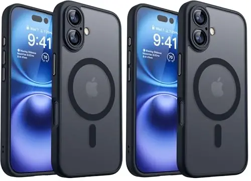 CANSHN Magnetic for iPhone 16 Case, Upgraded [Full Camera Protection] [Compatible with Magsafe] [Translucent Matte] Shockproof Protective Phone Case for iPhone 16 - Black (Pack of 2) - 1
