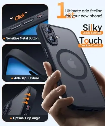 CANSHN Magnetic for iPhone 16 Case, Upgraded [Full Camera Protection] [Compatible with Magsafe] [Translucent Matte] Shockproof Protective Phone Case for iPhone 16 - Black (Pack of 2) - 5
