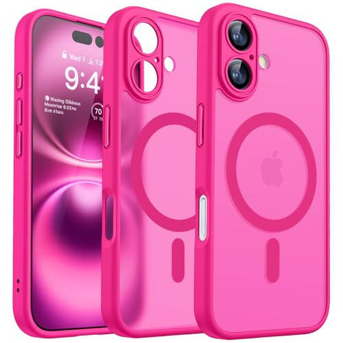 CANSHN Magnetic for iPhone 16 Case, Upgraded [Full Camera Protection] [Compatible with Magsafe] [Translucent Matte] Shockproof Protective Phone Case for iPhone 16 - Hot Pink - 1