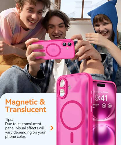 CANSHN Magnetic for iPhone 16 Case, Upgraded [Full Camera Protection] [Compatible with Magsafe] [Translucent Matte] Shockproof Protective Phone Case for iPhone 16 - Hot Pink - 3