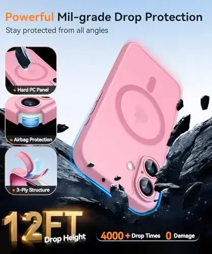 CANSHN Magnetic for iPhone 16 Case, Upgraded [Full Camera Protection] [Compatible with Magsafe] [Translucent Matte] Shockproof Protective Phone Case for iPhone 16 - Pink - 6