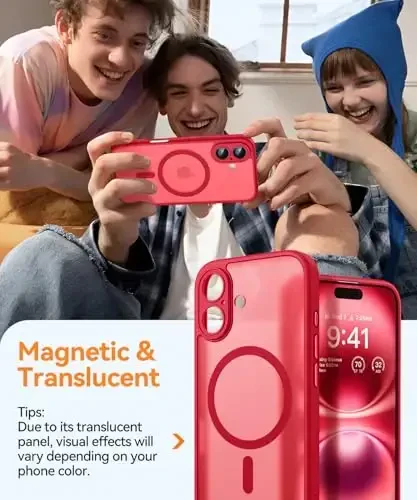 CANSHN Magnetic for iPhone 16 Case, Upgraded [Full Camera Protection] [Compatible with Magsafe] [Translucent Matte] Shockproof Protective Phone Case for iPhone 16 - Red - 3