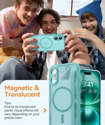 CANSHN Magnetic for iPhone 16 Case, Upgraded [Full Camera Protection] [Compatible with Magsafe] [Translucent Matte] Shockproof Protective Phone Case for iPhone 16 - Teal - 3