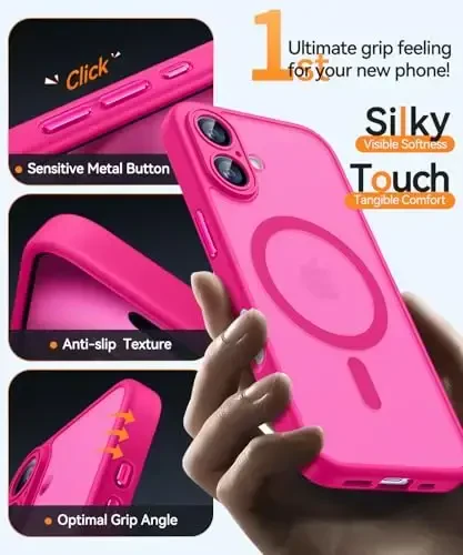 CANSHN Magnetic for iPhone 16 Plus Case, Upgraded [Full Camera Protection] [Compatible with Magsafe] [Translucent Matte] Shockproof Protective Phone Case for iPhone 16 Plus - Hot Pink - 6