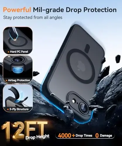 CANSHN Magnetic for iPhone 16e Case, Upgraded [Full Camera Protection] [Compatible with Magsafe] [Translucent Matte] Shockproof Protective Phone Case for iPhone 16e - Black - 5