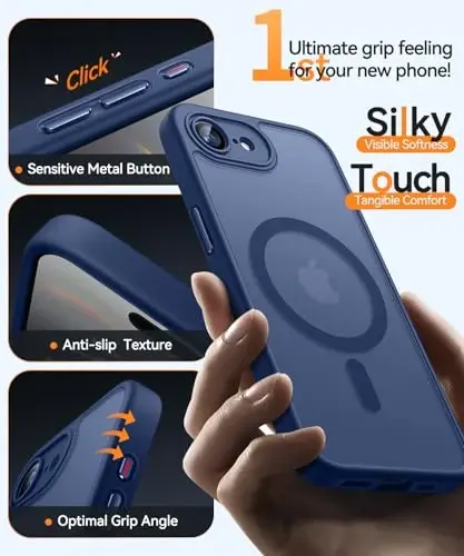 CANSHN Magnetic for iPhone 16e Case, Upgraded [Full Camera Protection] [Compatible with Magsafe] [Translucent Matte] Shockproof Protective Phone Case for iPhone 16e - Deep Blue - 4