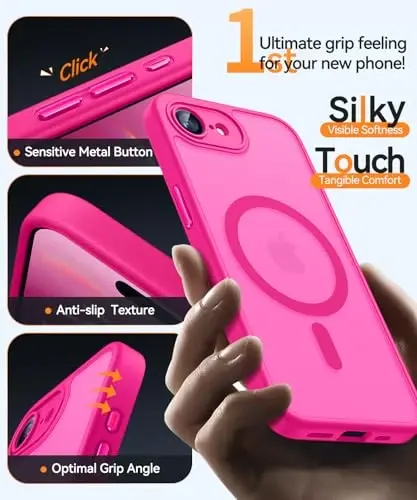 CANSHN Magnetic for iPhone 16e Case, Upgraded [Full Camera Protection] [Compatible with Magsafe] [Translucent Matte] Shockproof Protective Phone Case for iPhone 16e - Hot Pink - 4