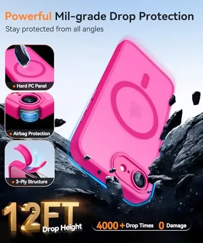 CANSHN Magnetic for iPhone 16e Case, Upgraded [Full Camera Protection] [Compatible with Magsafe] [Translucent Matte] Shockproof Protective Phone Case for iPhone 16e - Hot Pink - 5