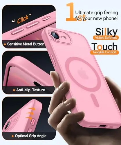 CANSHN Magnetic for iPhone 16e Case, Upgraded [Full Camera Protection] [Compatible with Magsafe] [Translucent Matte] Shockproof Protective Phone Case for iPhone 16e - Pink - 4