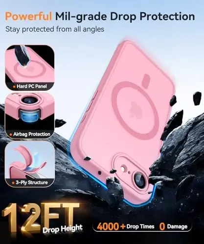 CANSHN Magnetic for iPhone 16e Case, Upgraded [Full Camera Protection] [Compatible with Magsafe] [Translucent Matte] Shockproof Protective Phone Case for iPhone 16e - Pink - 5