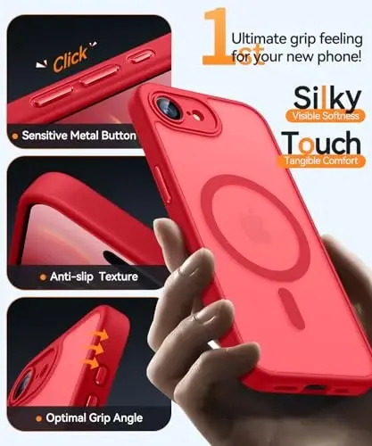 CANSHN Magnetic for iPhone 16e Case, Upgraded [Full Camera Protection] [Compatible with Magsafe] [Translucent Matte] Shockproof Protective Phone Case for iPhone 16e - Red - 4