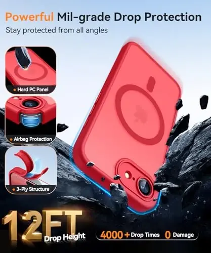 CANSHN Magnetic for iPhone 16e Case, Upgraded [Full Camera Protection] [Compatible with Magsafe] [Translucent Matte] Shockproof Protective Phone Case for iPhone 16e - Red - 5