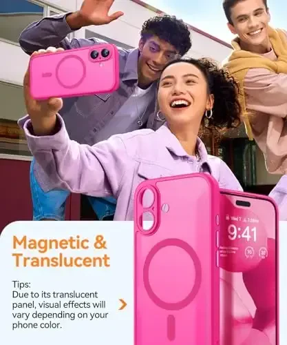 CANSHN Magnetic for iPhone 17 Case, Upgraded [Full Camera Protection] [Compatible with Magsafe] [Translucent Matte] Shockproof Protective Phone Case for iPhone 17 - Hot Pink - 4