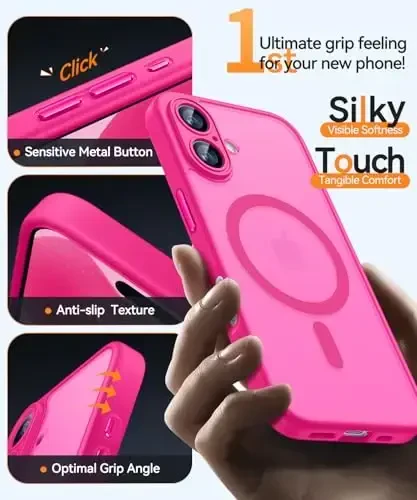 CANSHN Magnetic for iPhone 17 Case, Upgraded [Full Camera Protection] [Compatible with Magsafe] [Translucent Matte] Shockproof Protective Phone Case for iPhone 17 - Hot Pink - 7
