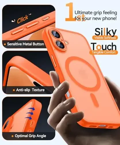 CANSHN Magnetic for iPhone 17 Case, Upgraded [Full Camera Protection] [Compatible with Magsafe] [Translucent Matte] Shockproof Protective Phone Case for iPhone 17 - Orange - 7