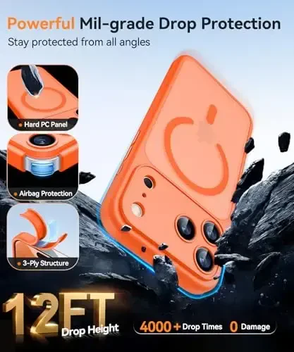 Canshn magnitli iPhone 17 Pro Max uchun g'ilof, yangilangan [To'liq kamera himoyasi] [Magsafe bilan mos] [Yarim shaffof mat] zarbga chidamli himoya telefon qopqog'i 6.9 dyuym - Apelsin - 7