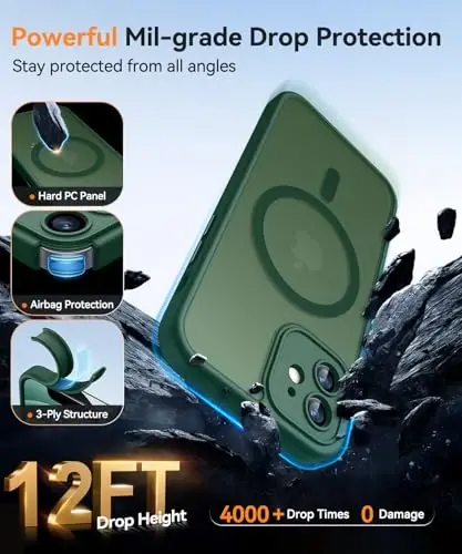 CANSHN Magnetic Compatible with iPhone 12 Case, Upgraded [Full Camera Protection] [Compatible with Magsafe] [Translucent Matte] Shockproof Protective Phone Case Cover 6.1 Inch - Deep Green - 6