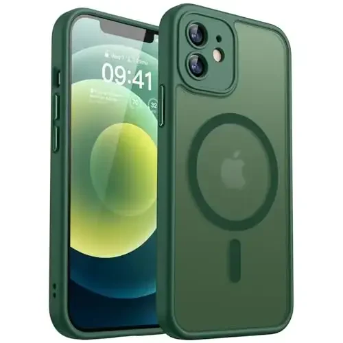 CANSHN Magnetic Compatible with iPhone 12 Case, Upgraded [Full Camera Protection] [Compatible with Magsafe] [Translucent Matte] Shockproof Protective Phone Case Cover 6.1 Inch - Deep Green - 1