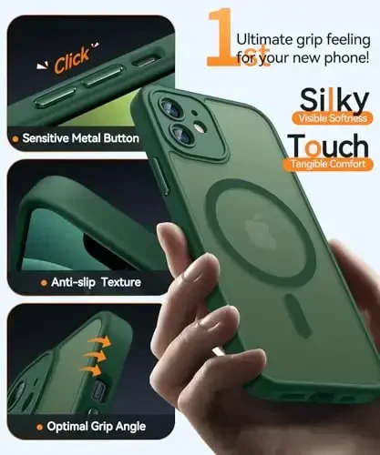 CANSHN Magnetic Compatible with iPhone 12 Case, Upgraded [Full Camera Protection] [Compatible with Magsafe] [Translucent Matte] Shockproof Protective Phone Case Cover 6.1 Inch - Deep Green - 5