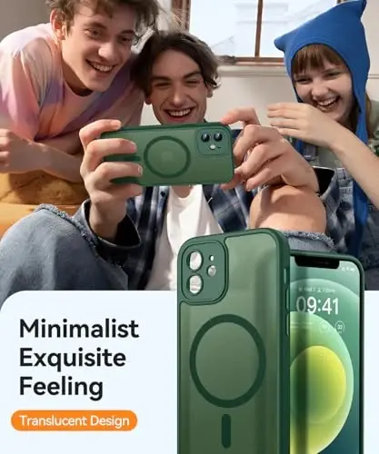 CANSHN Magnetic Compatible with iPhone 12 Case, Upgraded [Full Camera Protection] [Compatible with Magsafe] [Translucent Matte] Shockproof Protective Phone Case Cover 6.1 Inch - Deep Green - 7