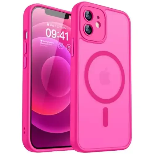 CANSHN Magnetic Compatible with iPhone 12 Case, Upgraded [Full Camera Protection] [Compatible with Magsafe] [Translucent Matte] Shockproof Protective Phone Case Cover 6.1 Inch - Hot Pink 