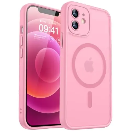 CANSHN Magnetic Compatible with iPhone 12 Case, Upgraded [Full Camera Protection] [Compatible with Magsafe] [Translucent Matte] Shockproof Protective Phone Case Cover 6.1 Inch - Pink - 1