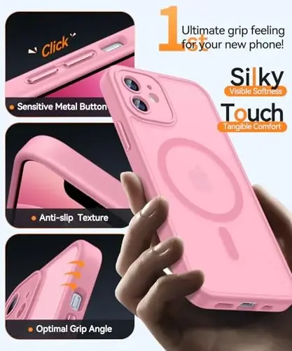 CANSHN Magnetic Compatible with iPhone 12 Case, Upgraded [Full Camera Protection] [Compatible with Magsafe] [Translucent Matte] Shockproof Protective Phone Case Cover 6.1 Inch - Pink - 5