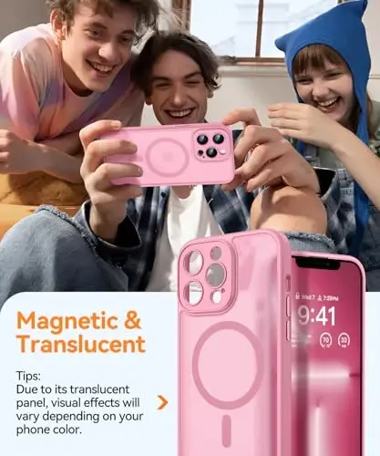 CANSHN Magnetic Compatible with iPhone 13 Pro Case, Upgraded [Full Camera Protection] [Compatible with Magsafe] [Translucent Matte] Shockproof Protective Phone Case Cover 6.1 Inch - Pink - 3