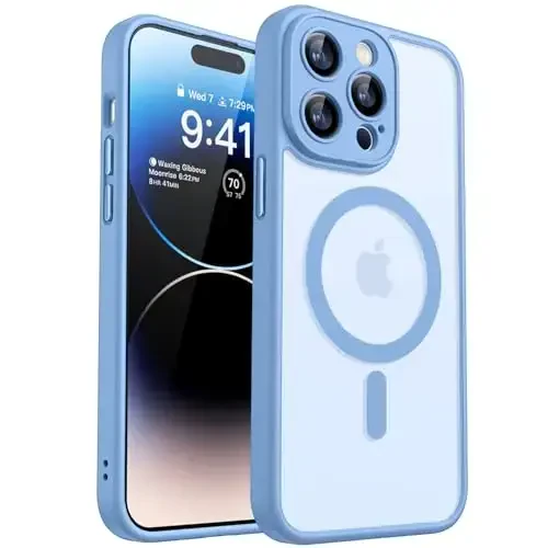 CANSHN Magnetic Compatible with iPhone 14 Pro Case, Upgraded [Full Camera Protection] [Compatible with Magsafe] [Translucent Matte] Shockproof Protective Phone Case Cover 6.1 Inch - Light Blue - CANSHN