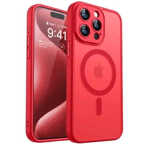 CANSHN Magnetic Compatible with iPhone 15 Pro Max Case, Upgraded [Full Camera Protection] [Compatible with Magsafe] [Translucent Matte] Shockproof Protective Phone Case Cover 6.7 Inch - Red 