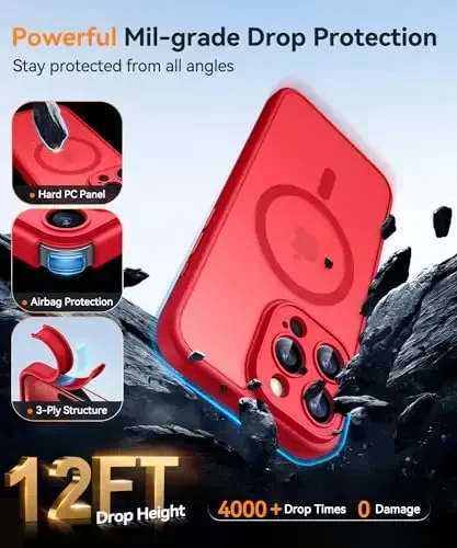 CANSHN Magnetic Compatible with iPhone 15 Pro Max Case, Upgraded [Full Camera Protection] [Compatible with Magsafe] [Translucent Matte] Shockproof Protective Phone Case Cover 6.7 Inch - Red - 6