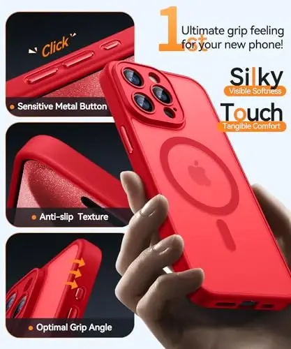 CANSHN Magnetic Compatible with iPhone 15 Pro Max Case, Upgraded [Full Camera Protection] [Compatible with Magsafe] [Translucent Matte] Shockproof Protective Phone Case Cover 6.7 Inch - Red - 12