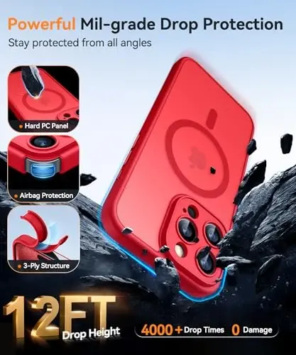 CANSHN Magnetic Compatible with iPhone 15 Pro Max Case, Upgraded [Full Camera Protection] [Compatible with Magsafe] [Translucent Matte] Shockproof Protective Phone Case Cover 6.7 Inch - Red - 13