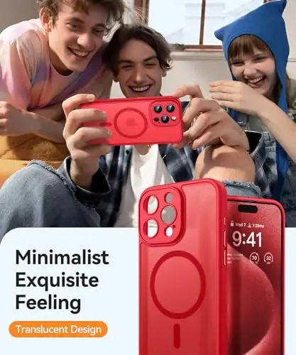 CANSHN Magnetic Compatible with iPhone 15 Pro Max Case, Upgraded [Full Camera Protection] [Compatible with Magsafe] [Translucent Matte] Shockproof Protective Phone Case Cover 6.7 Inch - Red - 7