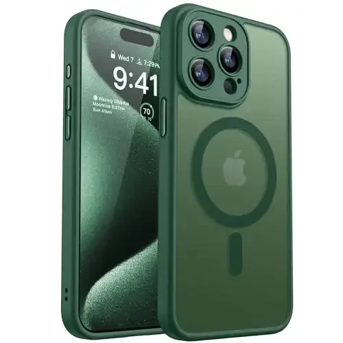 CANSNH iPhone 15 Pro Max uchun magnit moslashuvchan gʻilof, yangilangan [Toʻliq kamera himoyasi] [Magsafe bilan mos] [Yarim shaffof mat] Zarba oʻtkazmaydigan himoya telefon gʻilofi 6,7 dyuym - Toʻq yashil 