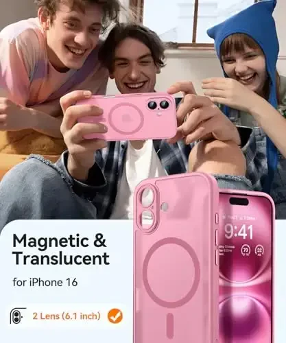 CANSHN Magnetic for iPhone 16 Case, Upgraded [Full Camera Protection] [Compatible with Magsafe] [Translucent Matte] Shockproof Protective Phone Case for iPhone 16 - Pink - 2