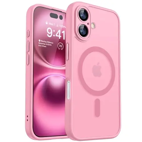 CANSHN Magnetic for iPhone 16 Case, Upgraded [Full Camera Protection] [Compatible with Magsafe] [Translucent Matte] Shockproof Protective Phone Case for iPhone 16 - Pink - 1