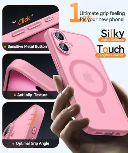 CANSHN Magnetic for iPhone 16 Case, Upgraded [Full Camera Protection] [Compatible with Magsafe] [Translucent Matte] Shockproof Protective Phone Case for iPhone 16 - Pink - 5