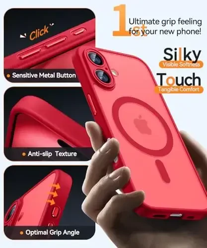 CANSHN Magnetic for iPhone 16 Plus Case, Upgraded [Full Camera Protection] [Compatible with Magsafe] [Translucent Matte] Shockproof Protective Phone Case for iPhone 16 Plus - Red - 6