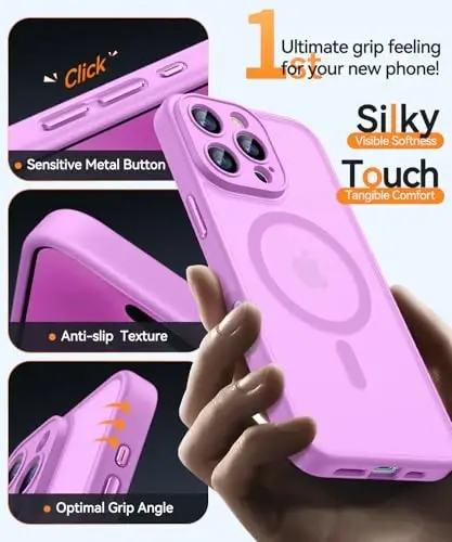 CANSHN Magnetic Compatible with iPhone 16 Pro Case, Upgraded [Full Camera Protection] [Compatible with Magsafe] [Translucent Matte] Shockproof Protective Phone Cover 6.3 Inch - Pinkish Purple - 6