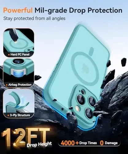 CANSHN Magnetic Compatible with iPhone 16 Pro Case, Upgraded [Full Camera Protection] [Compatible with Magsafe] [Translucent Matte] Shockproof Protective Phone Cover 6.3 Inch - Teal - 7