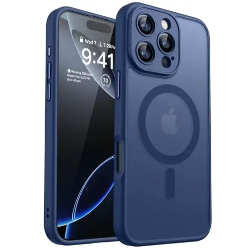 CANSHN Magnetic Compatible with iPhone 16 Pro Case, Upgraded [Full Camera Protection] [Compatible with Magsafe] [Translucent Matte] Shockproof Protective Phone Case Cover 6.3 Inch - Deep Blue - 1