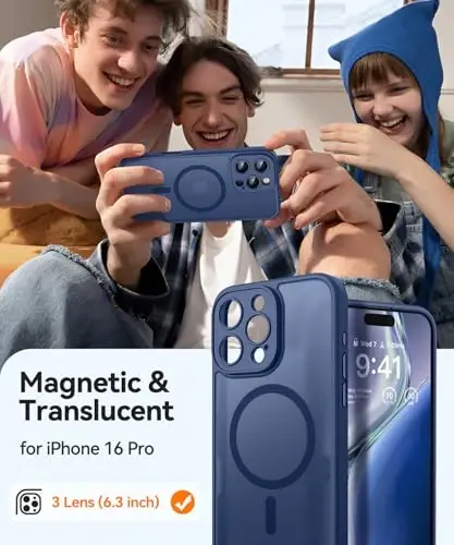 CANSHN Magnetic Compatible with iPhone 16 Pro Case, Upgraded [Full Camera Protection] [Compatible with Magsafe] [Translucent Matte] Shockproof Protective Phone Case Cover 6.3 Inch - Deep Blue - 2