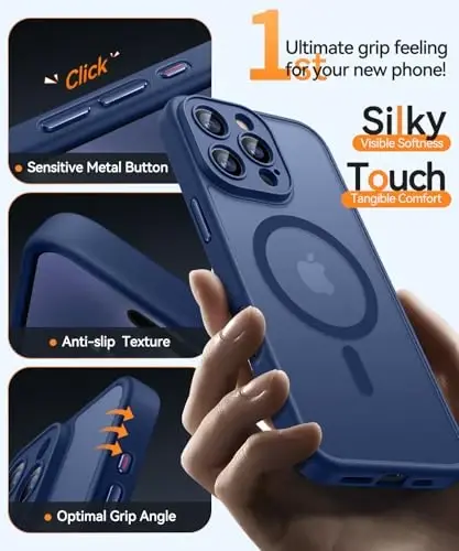 CANSHN Magnetic Compatible with iPhone 16 Pro Case, Upgraded [Full Camera Protection] [Compatible with Magsafe] [Translucent Matte] Shockproof Protective Phone Case Cover 6.3 Inch - Deep Blue - 5