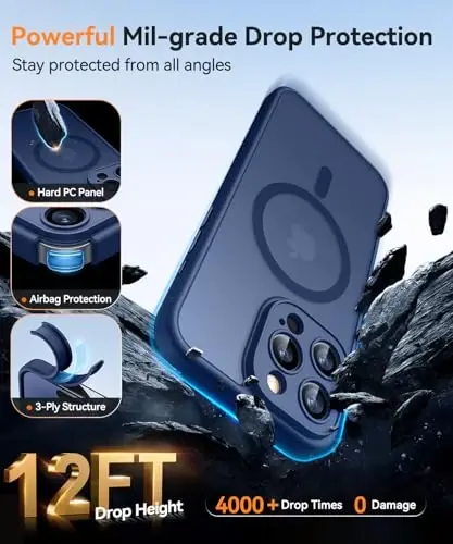 CANSHN Magnetic Compatible with iPhone 16 Pro Case, Upgraded [Full Camera Protection] [Compatible with Magsafe] [Translucent Matte] Shockproof Protective Phone Case Cover 6.3 Inch - Deep Blue - 6